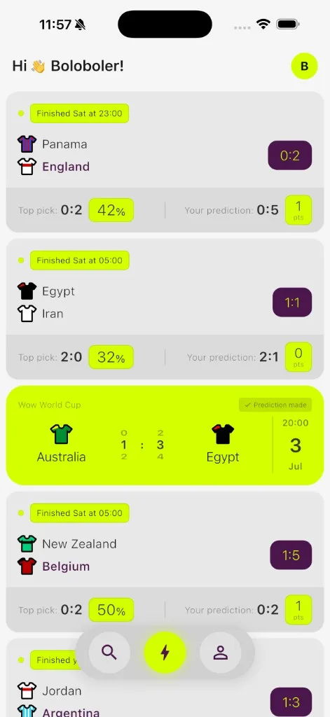 Bolobol football prediction app — match score predictions screen
